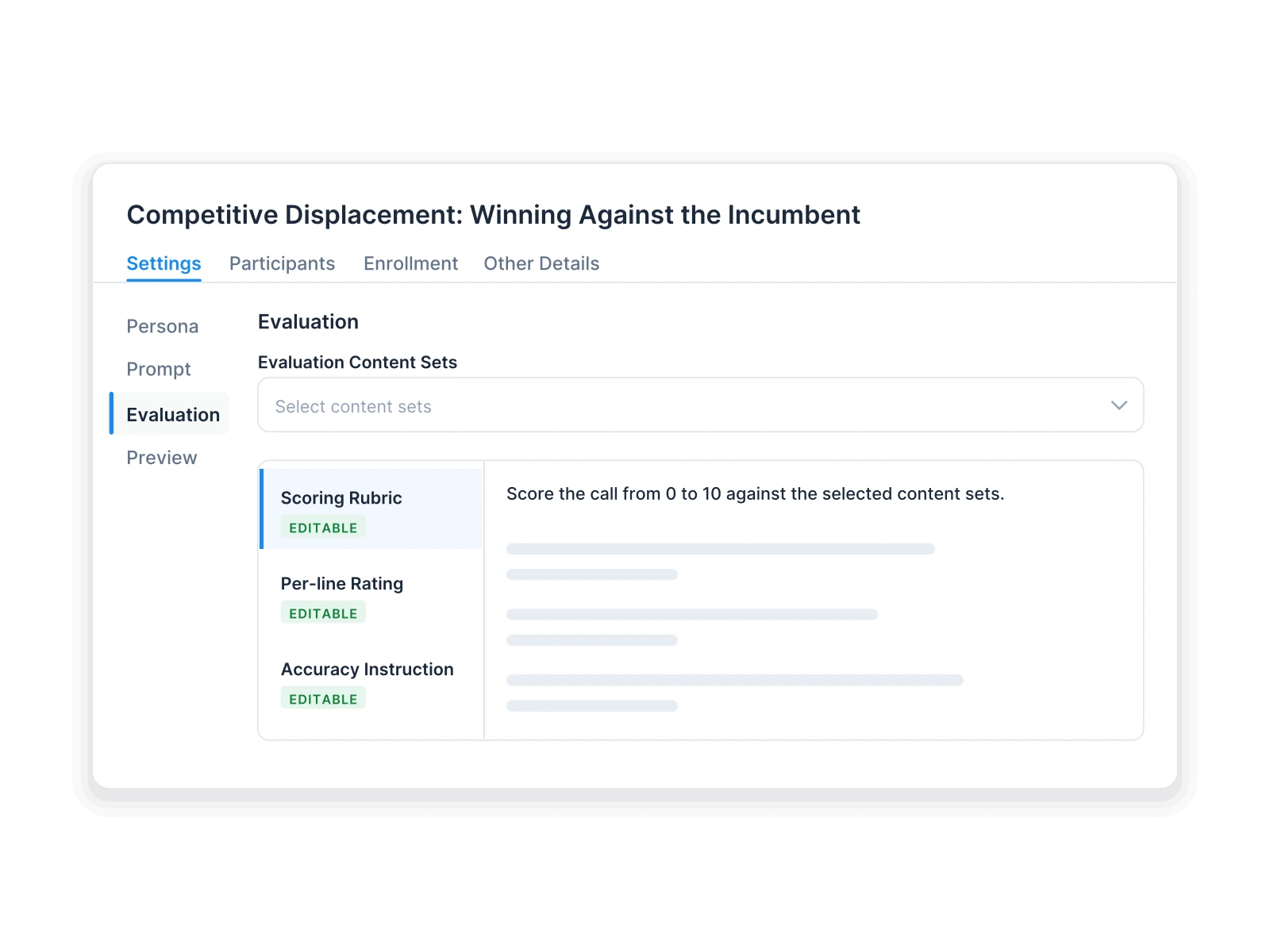 A role play scenario’s evaluation settings: choosing the content sets it is scored against, such as Sales Methodology Insights