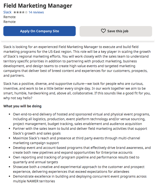 Slack Field Marketing Job Posting