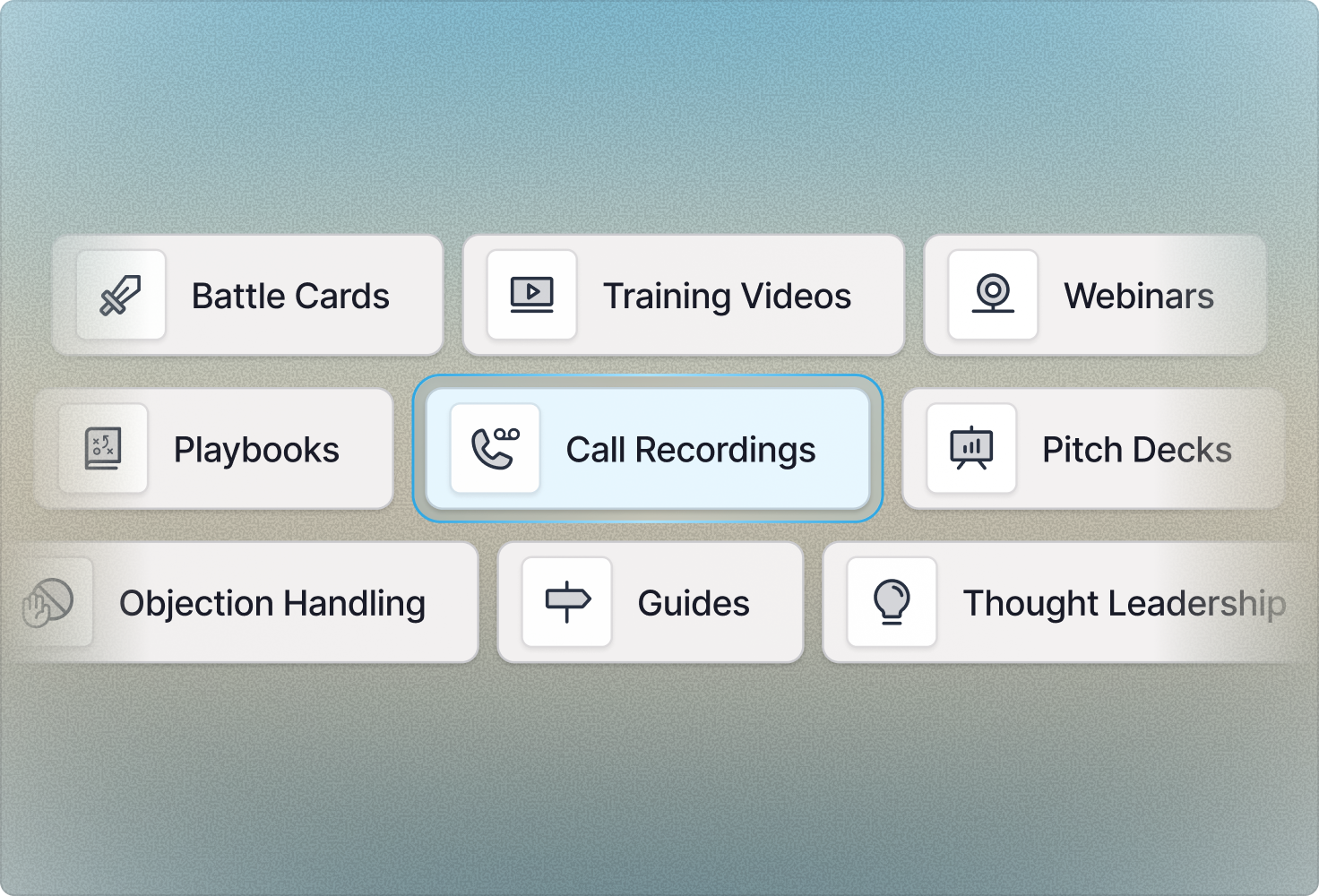 Content types side by side: battle cards, training videos, webinars, playbooks, call recordings, pitch decks, objection handling, guides and thought leadership