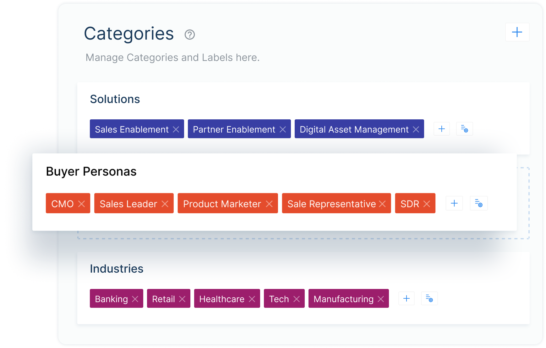 Category manager: solutions, buyer personas and industries as editable labels