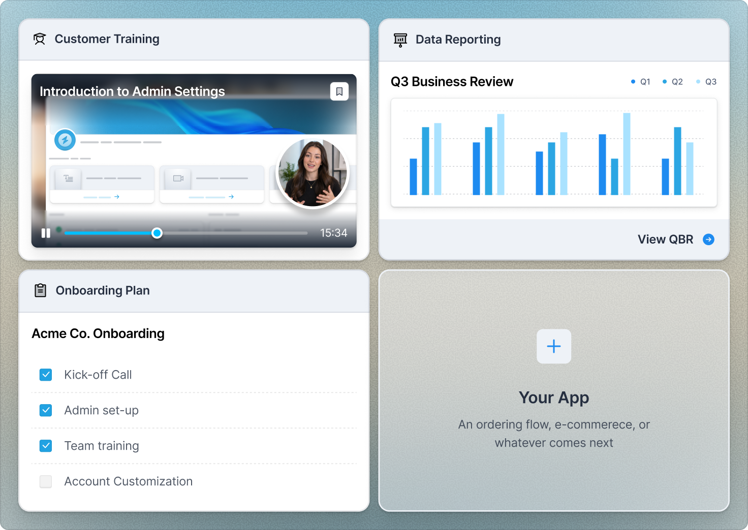 Customer portal with a training video, a quarterly business review report, an onboarding plan checklist and a slot for a custom app