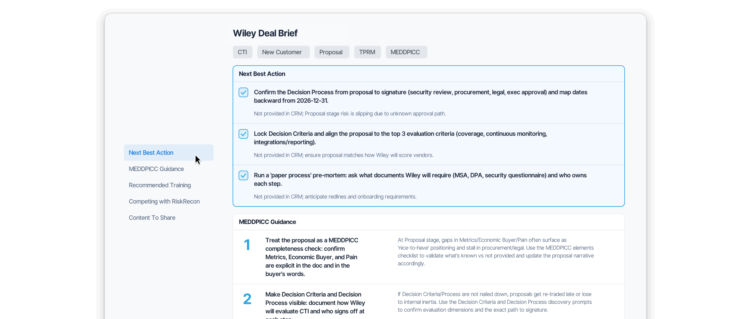 Enablix Deal Brief: clicking through Next Best Action, MEDDPICC Guidance, Recommended Training, Competing with RiskRecon and Content To Share, giving the rep and everyone working the deal a live playbook to win it