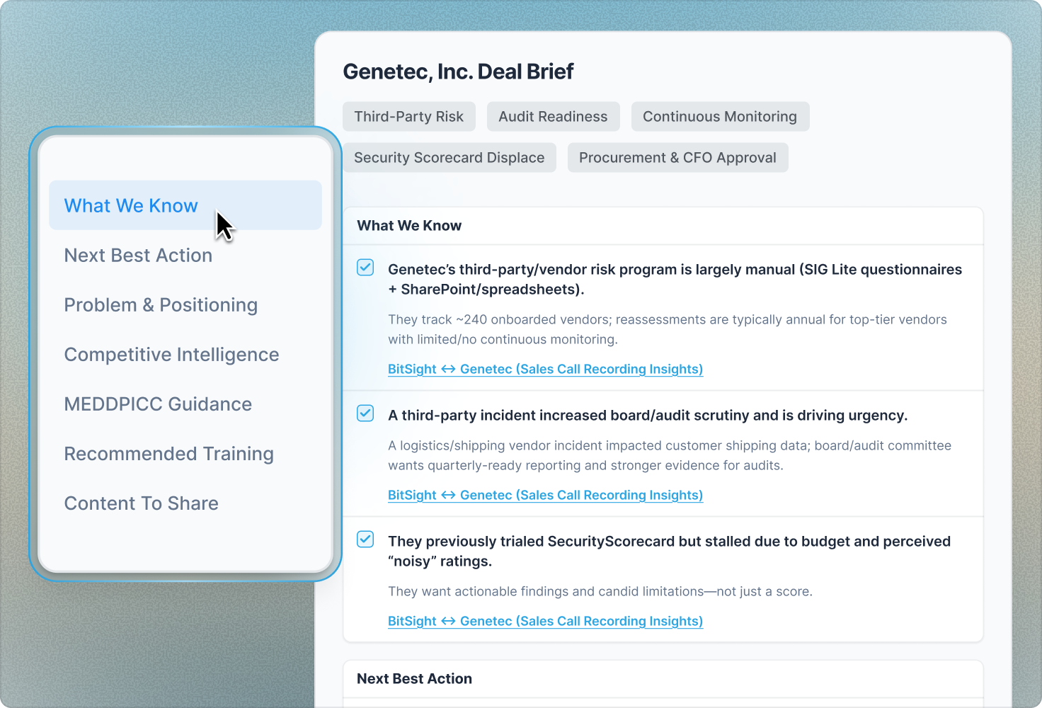 Genetec, Inc. Deal Brief listing what we know about the deal from sales call insights, with sections for next best action, competitive intelligence, MEDDPICC guidance and training