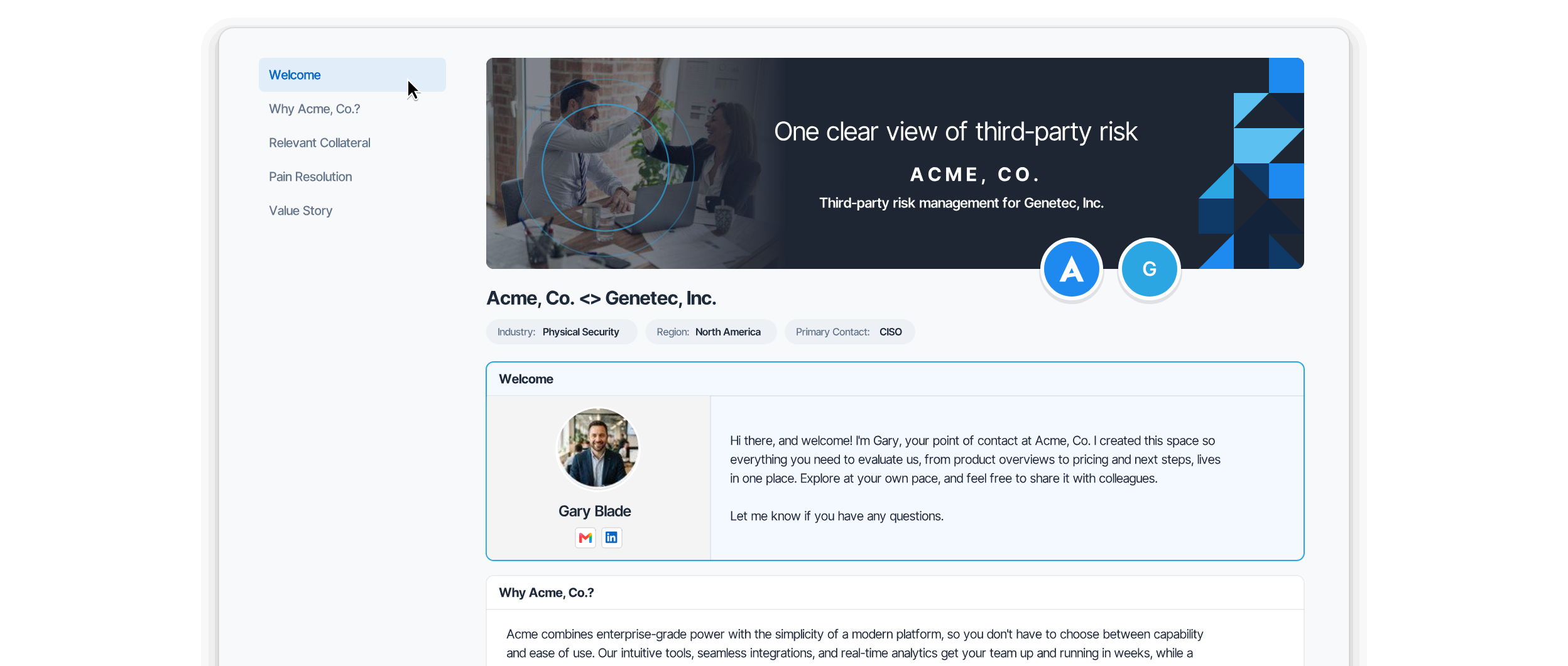 A digital sales room for Acme, Co.: clicking through Welcome, Why Acme, Co.?, Relevant Collateral, Pain Resolution and Value Story