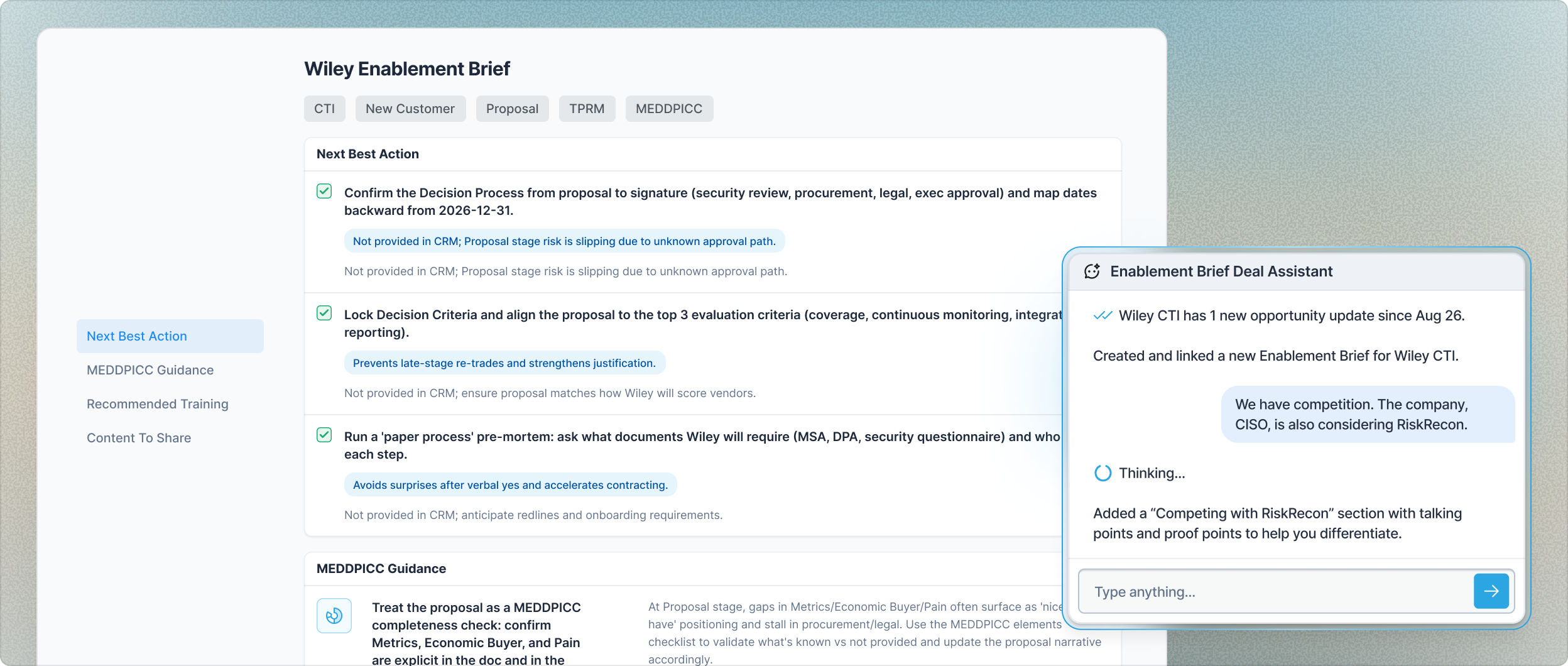 Wiley Enablement Brief with next best actions and MEDDPICC guidance, beside the Enablement Brief Deal Assistant adding a section on competing with RiskRecon