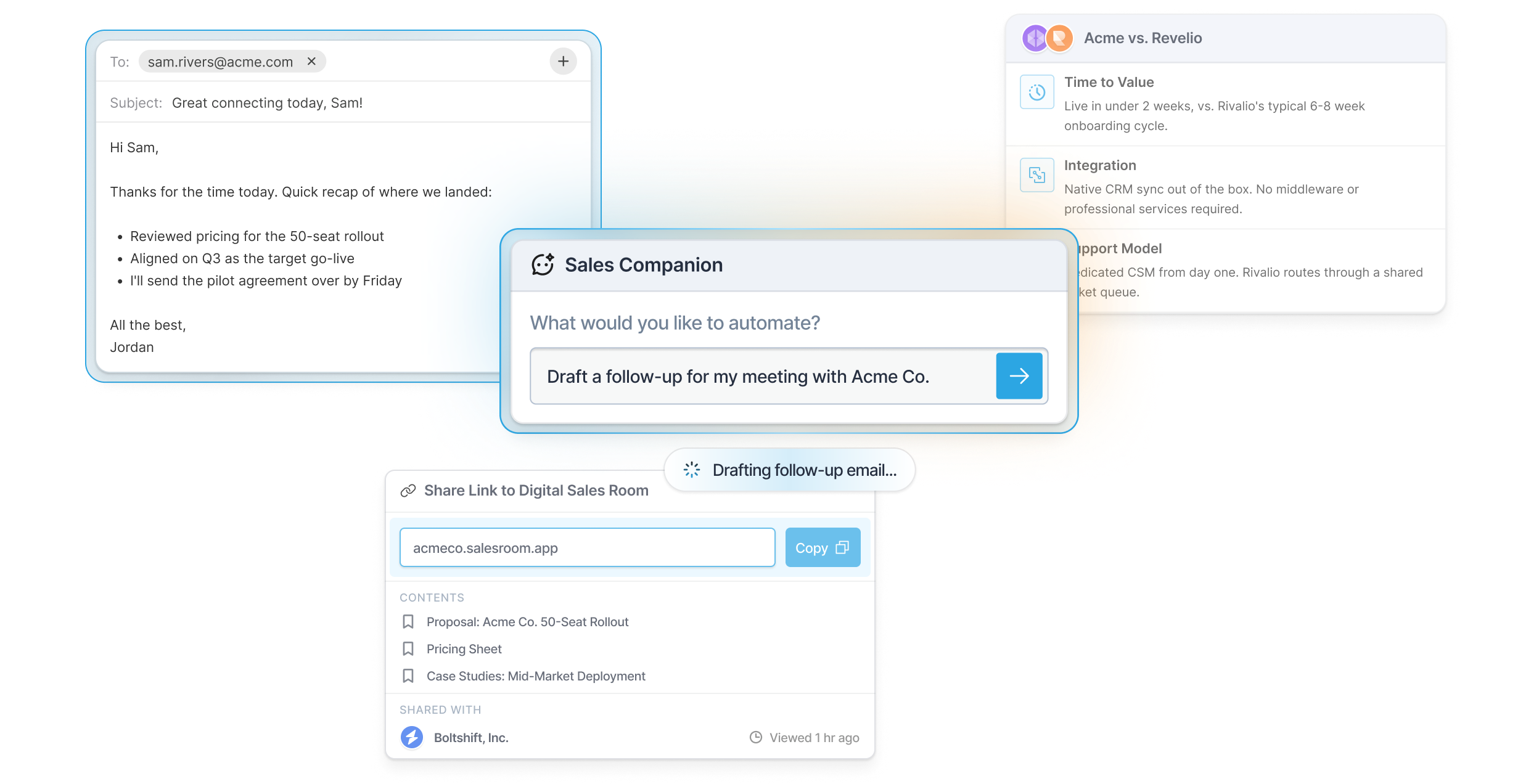Sales Companion drafting a follow-up email, alongside a competitor comparison and a shared digital sales room