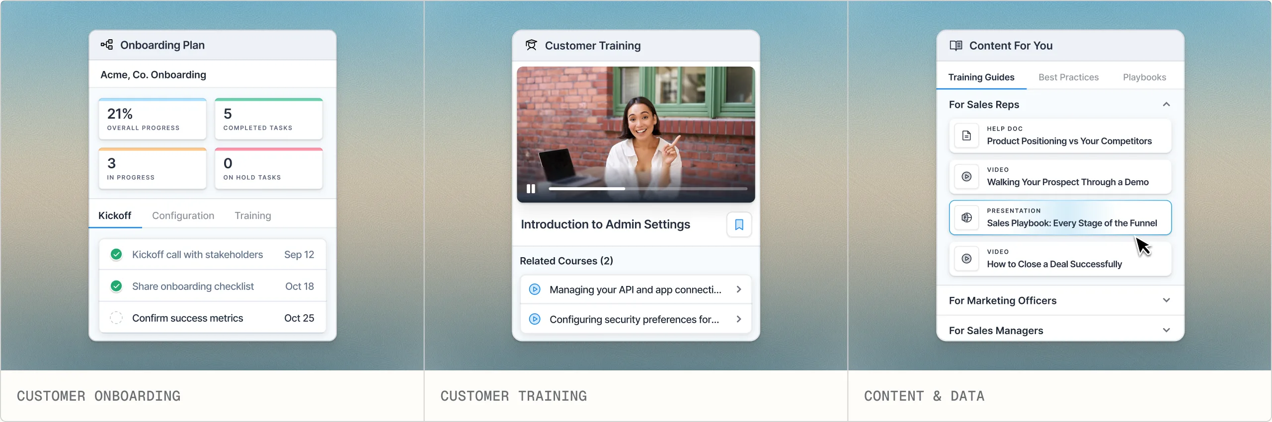 Four portal views: customer onboarding, customer training, content and data, and a customer chat
