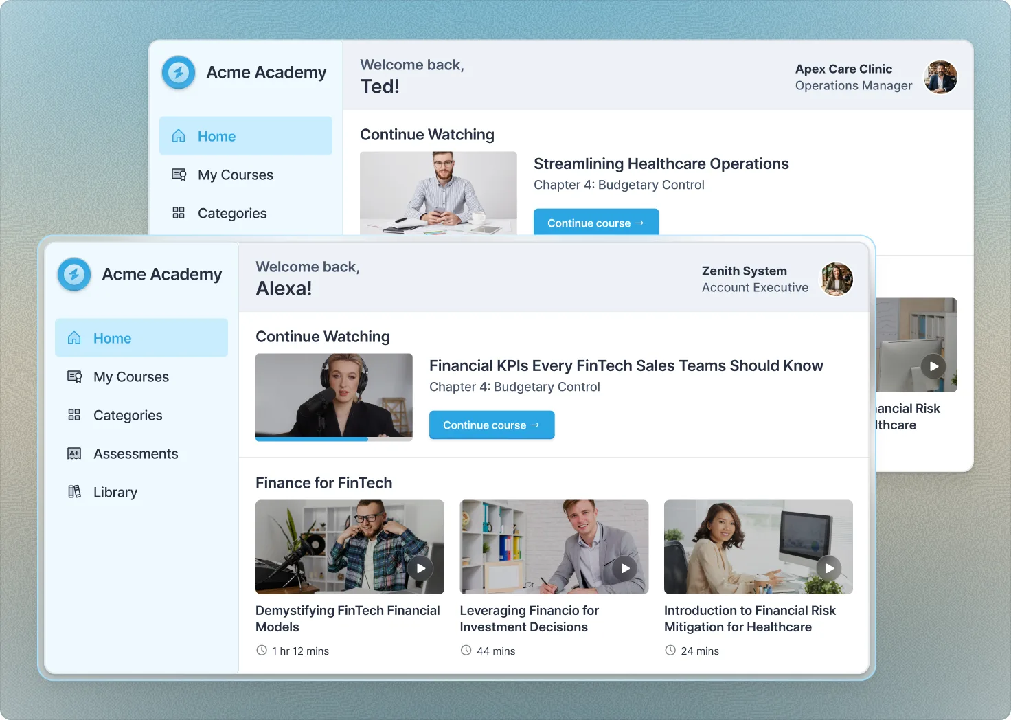 Customer training portal: onboarding video with role-based learning paths and progress