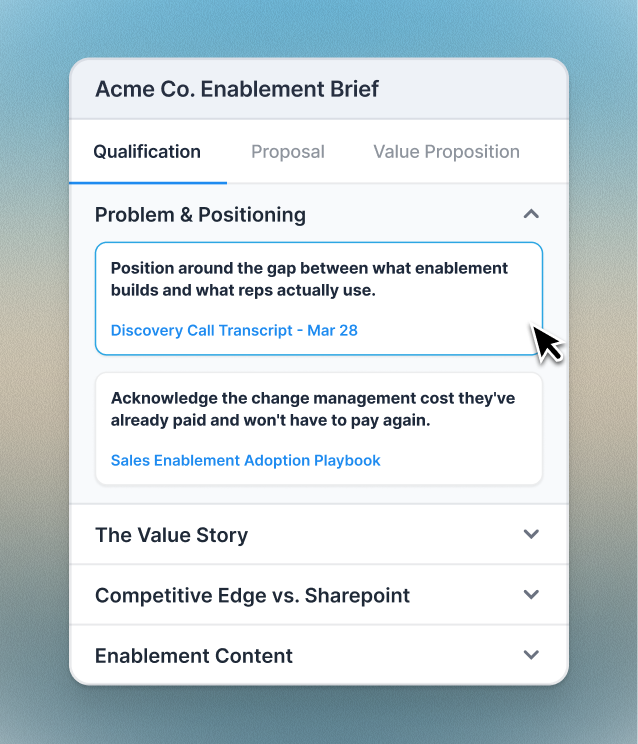 Acme Co. enablement brief with qualification guidance linked to its sources